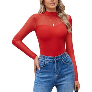 Avidlove Long Sleeve Bodysuits for Women Mock Neck Sheer Mesh Sleeve Bodysuit Double Lined Leotards Shirt Going Out Top (Medium, Red)