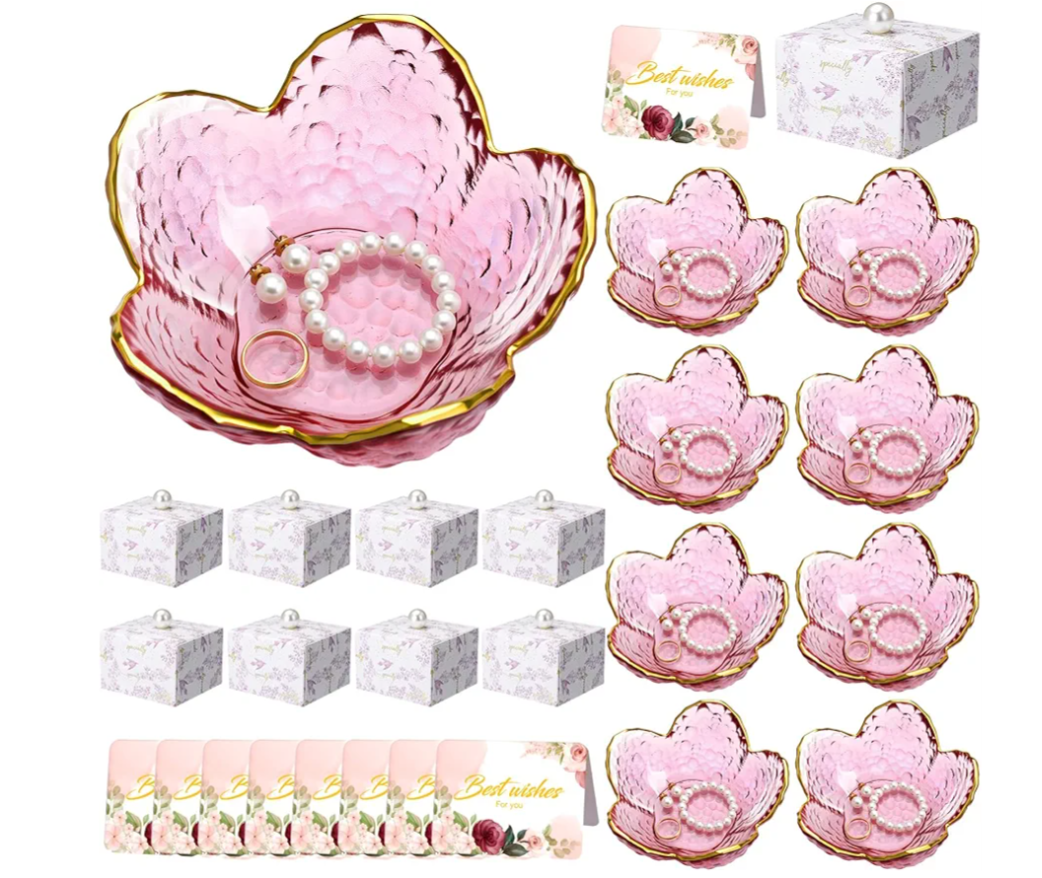 Quelay 8 Set Flower Ring Dish Jewelry Tray with Box and Greeting Card, Small Glass Trinket Tray for Rings Earrings Jewelry Room Decor Gifts for Women Mom Wife Daughter (Purple)