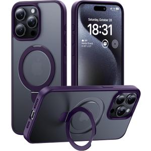CellEver Strong Magnetic for iPhone 15 Pro Case with Ring Stand [Military Grade Drop Tested] [Compatible with MagSafe] Slim Translucent Matte Phone Case (6.1") - Deep Purple