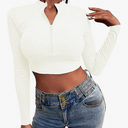 Flygo Women's Deep V Neck Casual Long Sleeve Ribbed Zip Up Slim Knitted Crop Tops Size S