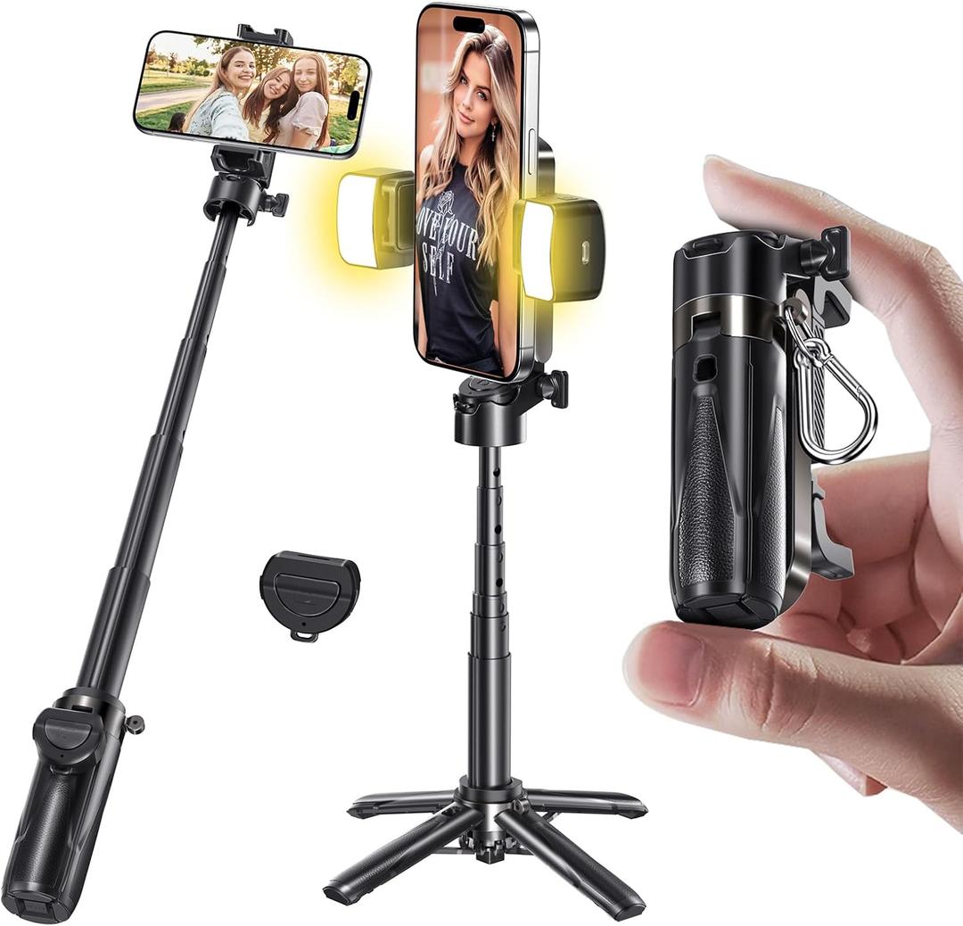 MAGIC JOHN Phone Tripod, Portable Selfie Stick, Pocket Size Tripod for iPhone, Selfie Stick with Detachable Remote Control & 2 Fill Light for Photograph, Live Streaming, Video Recording