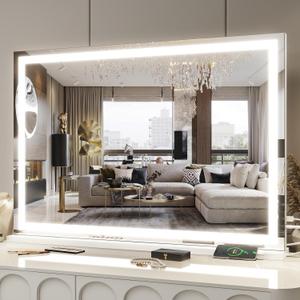 FENNIO Large Vanity Mirror with Lights35.5" x 27" LED Makeup MirrorHollywood Mirror with 3 Color Modes & Adjustable BrightnessVanity Mirror Square White