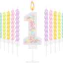 MTLEE Number 1 Birthday Candle with 12 Pcs Spiral Candles for Girls Macaron Pastel Rainbow Unicorn Pink Cake Topper for Sweet Theme Party Decoration (White)