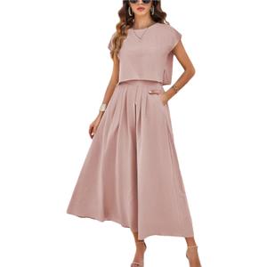 Mingzhu Womens 2 Piece Outfits Skirt Set Summer Casual Cap Sleeve Crop Tops Maxi Dress Sets with Pockets (S)