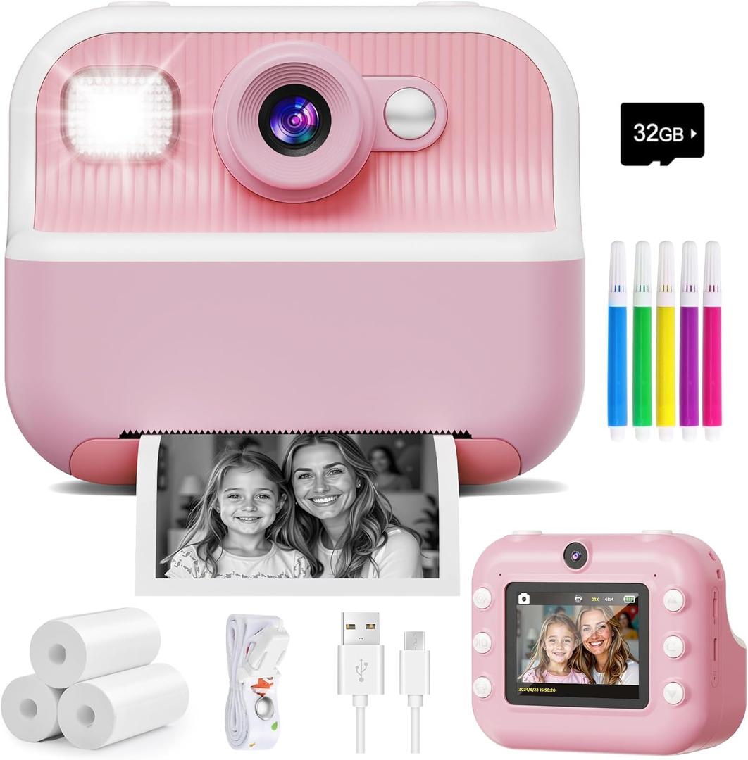 Instant Camera, Front Rear Dual Selfie Kids Camera with 1080P Videos, Holiday Birthday Gifts for Kids Age 3-12, Toddler Portable Travel Print Digital Camera Toy for 4 5 6 7 8 9 Year Boys Girls