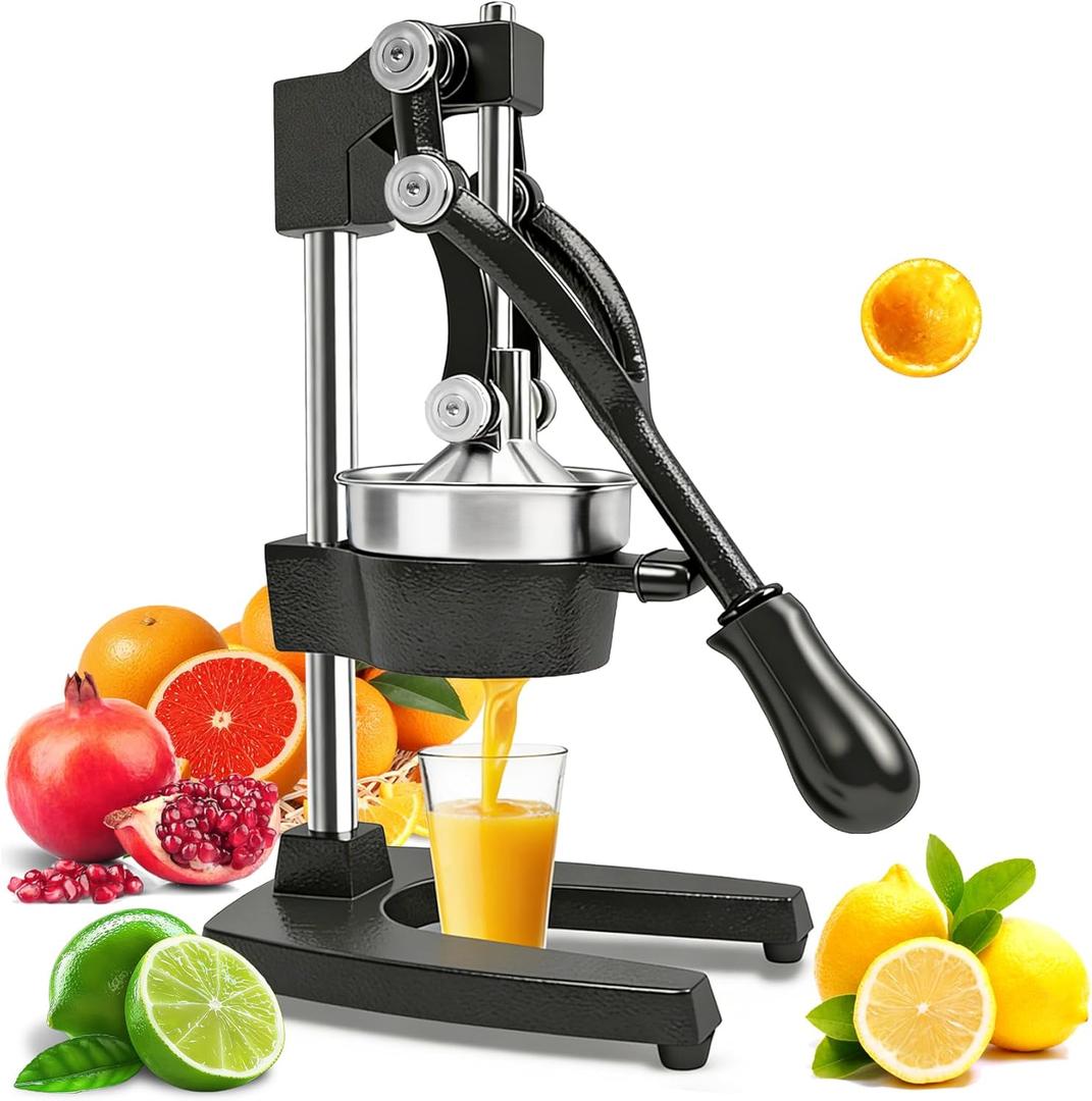 Cast Iron Manual Juicer  Heavy-Duty Hand Press Orange & Lemon Squeezer, Commercial Grade Hand Juicer Press, Easy-to-Clean Fruit Press (Black)
