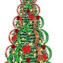 [ 8 Modes & Timer ] 6Ft Prelit Full Pop Up Flocked Pencil Christmas Tree with 200 Warm White LED Lights, Balls, Red & Green Ribbon, Bows, Plug in Collapsible Xmas Tree Outdoor Indoor Christmas Decor
