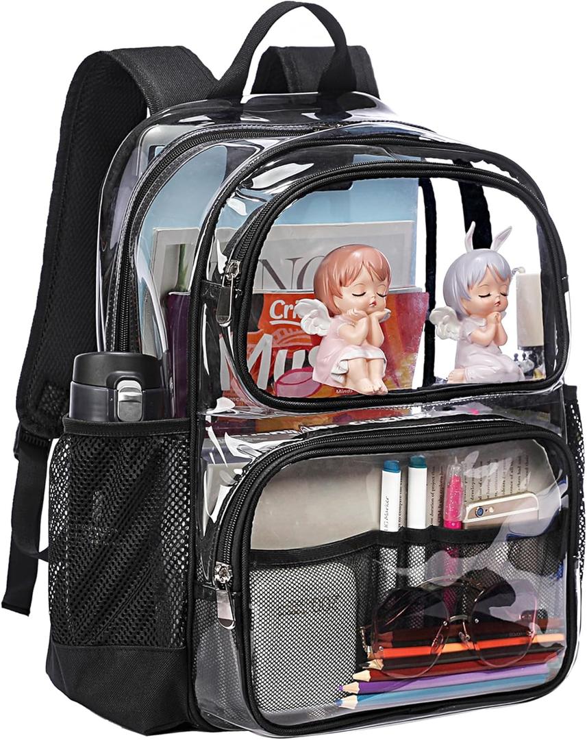 Clear Backpack Heavy Duty,17'' Transparent Bag See Through Backpack for College Work Travel Security,Black