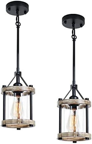 Ejerlya Farmhouse Pendant Light, Rustic White Wood Metal Cage Hanging Light Fixtures with Glass, 43 Inch Adjustable for Flat and Slop Ceiling, Pendant Lighting for Kitchen Island Foyer Hallway, 2 Pack