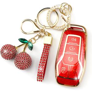 Sparkly Key Fob Cover with Cherry Keychain, Bling TPU Smart Key Case for Women, Compatible with Ford Fusion (Mondeo) Mustang F150 Edge Explorer,Lincoln MKZ MKC MKX (5-Button, Gold Red)