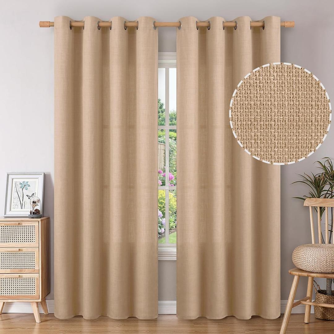 BGment Tan Curtains 84 Inch for Living Room - Light Filtering Faux Linen Look with Burlap Texture, Rustic Farmhouse Window Panels (Set of 2, 52" Wide)