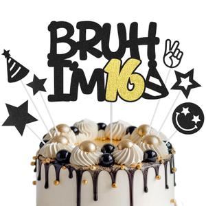 3 x Bruh I'm 16 Cake Topper, Black Gold Happy 16th Birthday Cake Topper for Boys Girls, 16 Years Old Birthday Party Glitter Cake Decorations, Cake Decor Supplies
