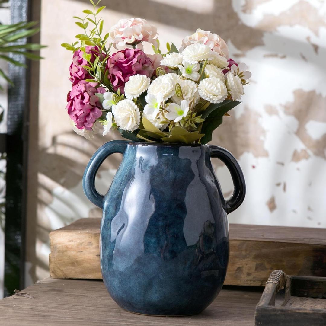 7 Inch Retro Navy Blue Ceramic Vase with Handles, Modern Glazed Blue Vase for Flowers, Farmhouse Vintage Flower Vase Decorative for Home Decor, Table, Counter, Living Room, Bedroom, Entryway