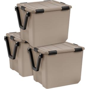 IRIS USA 3-Pack WeatherPro Gasket Box, 106 Quart Weather Resistant Storage Bins with Latching Lids, Heavy Duty Organizing Containers for Closet, Bathroom, and Office - Tan