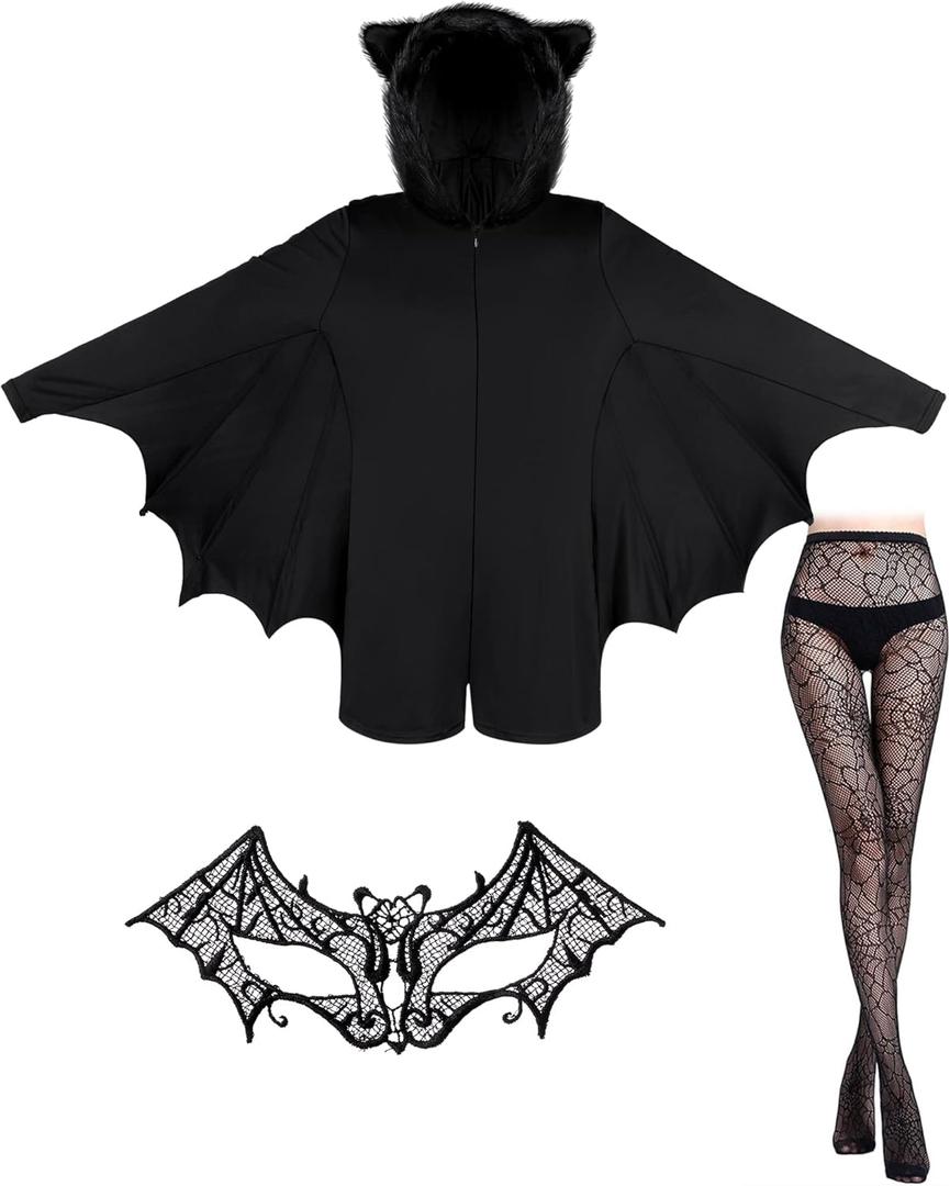 Zhanmai 3 Pieces Halloween Bat Costume Women Set Cosplay Black Bat Mask, Spider Printed Stocking for Adult Vampire Party (X-Large)