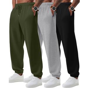 August Alley 3 Pack Big and Tall Sweatpants for Men Athletic Workout Jogger Lounge Pants with Pockets and Drawstring (XX-Large, Black,Light Gray,Army Green)