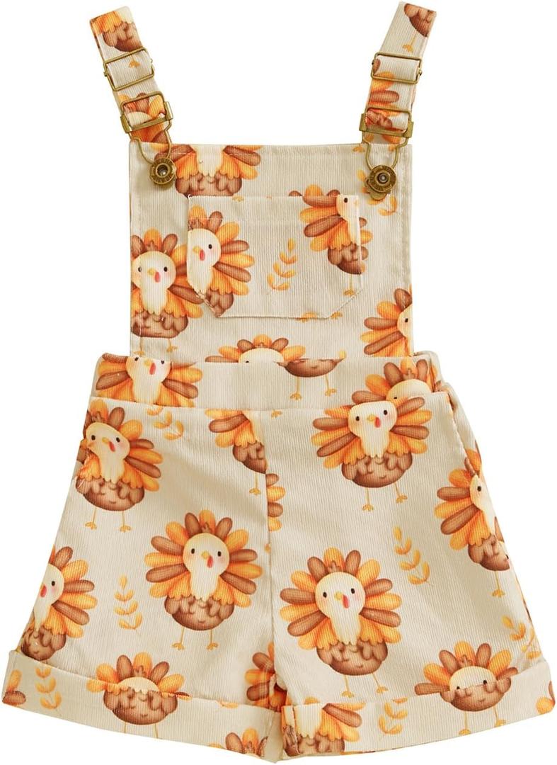 Adobabirl Toddler Baby Girl Halloween Outfit Ghost Pumpkin Overalls Romper Suspender Shorts Jumpsuit Cute Fall Clothes (12-18 Months, Thanksgiving Turkey Beige)