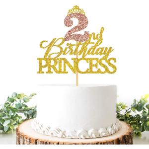 2 x 2nd Birthday Princess Cake Topper, Princess Cake Decor for Girls' 2nd Birthday, Crown Sign Cake Picks for Fairy Tale Theme Two Years Party Favors Decor