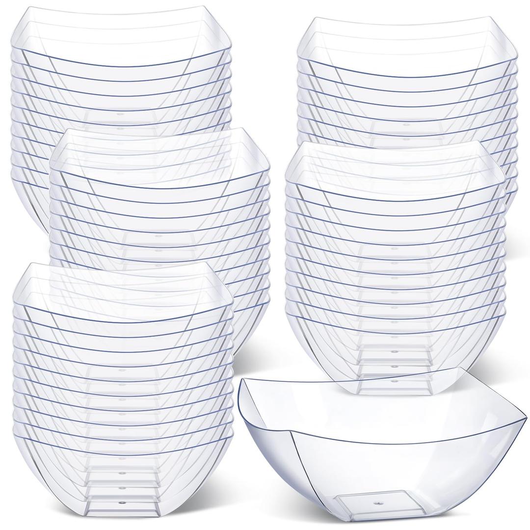 Tanlade 50 Pcs Square Plastic Serving Bowls Disposable Snack Salad Bowl Small Party Candy Bar Containers Taco Bar Serving Dishes for Buffet Chips Fruit (12 oz,Clear)