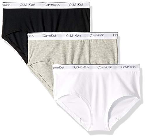 Calvin Klein Girls Modern Cotton Hipster Underwear, MultiPack Heather Grey, Classic White, Black - 3 Pack, Medium Size 7/8