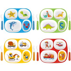 Set of 4 Divided Melamine Dinner Plates for Boys, Shatterproof Kids Dinnerware with Fun Themes (Firefighter, Dinosaur, Construction, Sea Animal), Perfect for Picky Eaters, Toddler Essentials