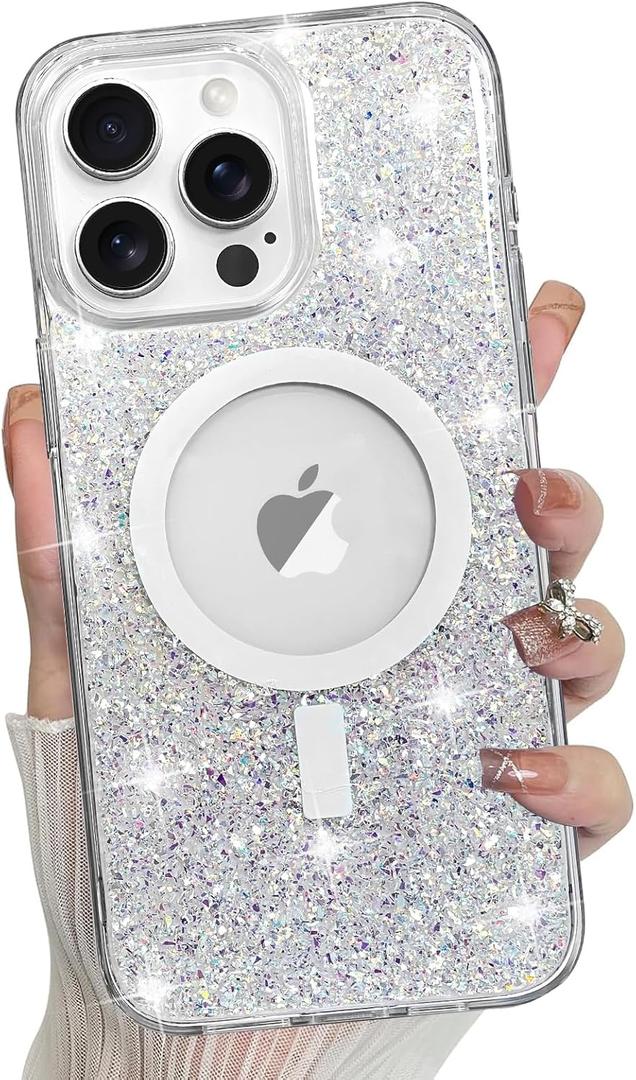 Bonoma for iPhone 15 Pro Max Case Sparkly Glitter Bling Back, Magnetic Support for MagSafe Shockproof, Crystal and Clear High-Duty Protection for Girls Women-Glitter Crystal
