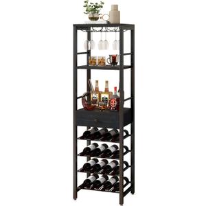 IBUYKE Wine Rack Freestanding Floor, Bar Cabinet for Liquor and Glasses,Coffee Bar Cabinet 4-Tier Wood bar Cabinet,Glass Holder and Storage Drawer for Home Bar Kitchen Living Room,Black UTMJ905B