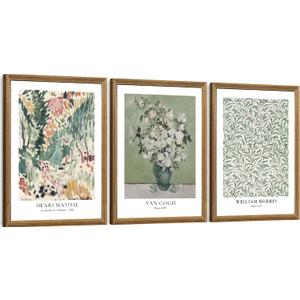 FWAHREN 3 Piece Framed Vintage Botanical Floral Canvas Wall Art Set, Matisse Van Gogh William Morris Paintings, Large Pictures Prints Wall Decor for Living Room Bedroom Bathroom Office, 12x16in