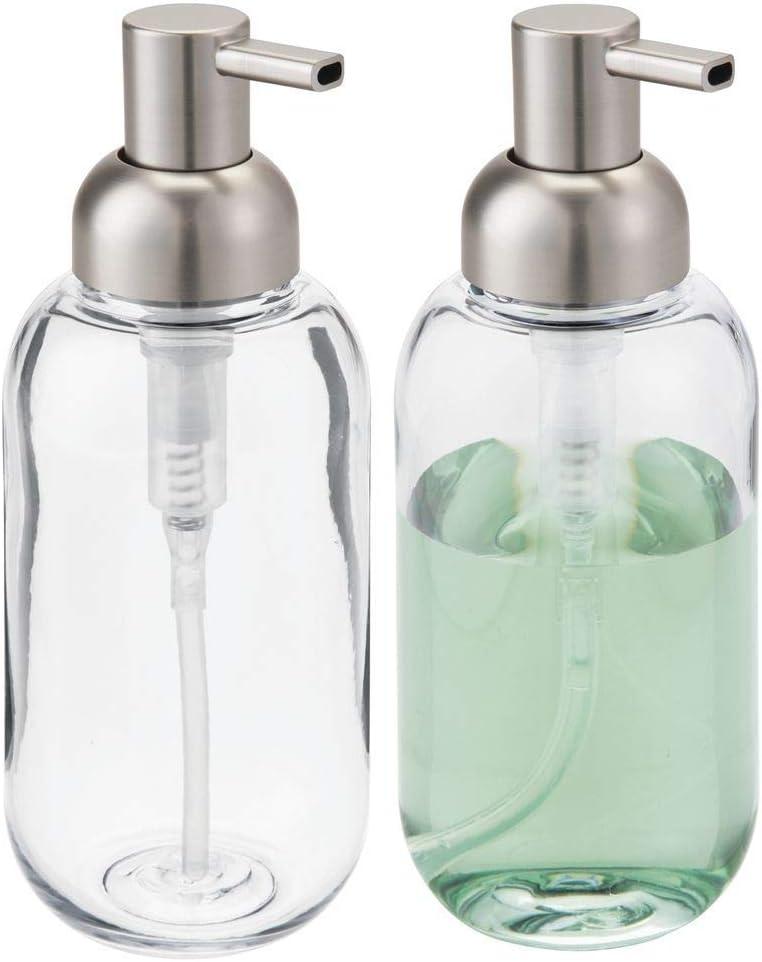 mDesign Round Plastic Refillable Liquid Soap Dispenser Pump Bottle for Bathroom Vanity Countertop, Kitchen Sink - Holds Hand Soap, Dish Soap, Hand Sanitizer, Essential Oils - 2 Pack - Clear/Brushed