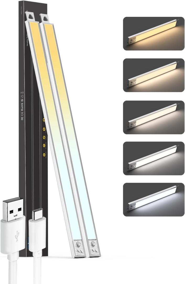 Under Cabinet Lights, 24'' LED Motion Sensor 5CCT Dimmable Lighting, 2500mAh Rechargeable Closet Light Battery Operated Under Counter Light for Kitchen Bedroom Stairs, White with Magnetic, 2Pack (24 Inches, White 5CCT)
