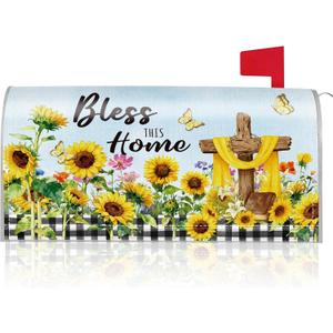 Easter Mailbox Covers Magnetic Standard Size, Sunflower Cross Bless This Home Mailbox Wraps, Farmhouse Christian Outdoor Garden Yard Decor