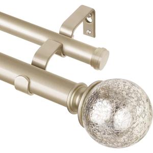 KAMANINA 1 Inch Double Curtain Rod 72 to 144 Inches(6-12 Feet) Champagne Gold Curtain Rods for Windows 66 to 120 Inches, Heavy Duty Drapery Rod with Crackle Glass Finials (72-144'')