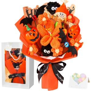 Crochet Flowers Bouquet Halloween Gothic Decor Spooky Indoor with Bats Ghost Pumpkin Scarecrow Fake Forever Flowers Table Decor for Home Decoration, Gothic Gifts for Women and Girls(Gift Card and Bag) (13x11, Orange)