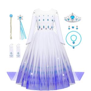 Girls Princess Costumes Snow Queen Princess Dresses Fancy Dress Up Clothes for Halloween Snow Party Cosplay, White 140
