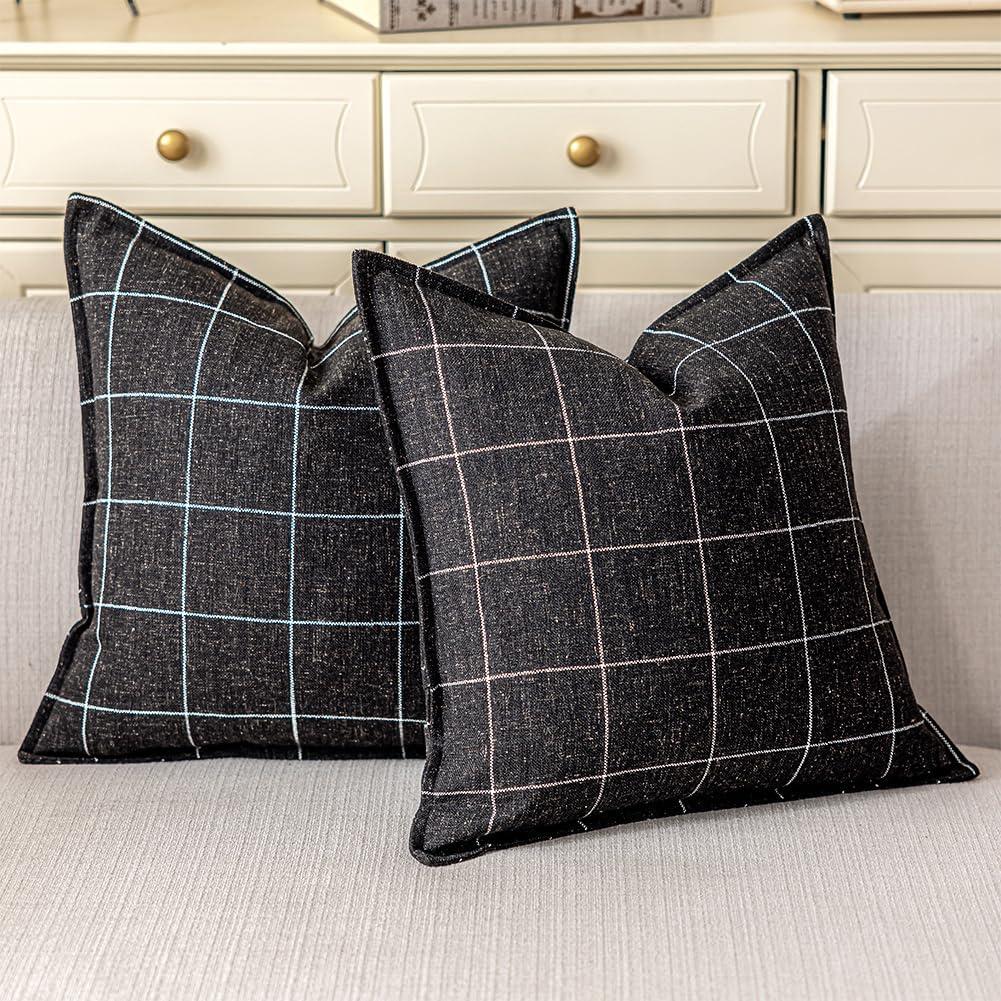 CARRIE HOME Black and White Plaid Boho Throw Pillow Covers 18x18 Set of 2, Modern Farmhouse Buffalo Checkered Decorative Linen Pillow Cover, Black Boho Living Room Decor for Couch and Bed