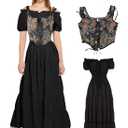 kasahara Renaissance Dress Costume Women with Floral Overbust Corset Top Medieval Ren Faire Costume (L, Black)