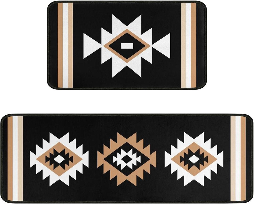 Black Boho Kitchen Rug Mat Decor Western Aztec Kitchen Rugs Sets of 2 Non-Slip Washable Kitchen Mats for Floor 2 Piece