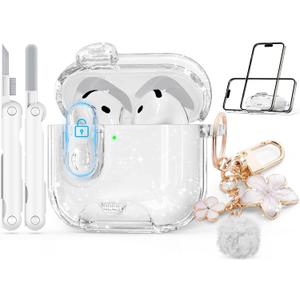 Clear Case for AirPods 4 Case Cover with Safety Lock,Soft TPU Cover with Phone Stand & Cleaning Kit,Cute Bling Keychain for Women Girls- Glitter White
