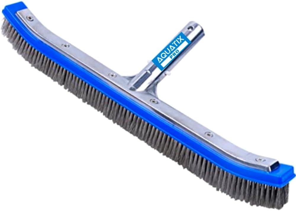 Aquatix Pro Pool Brush Head, 18" Heavy Duty for Cleaning Walls & Floors, Stainless Steel Bristles, Reinforced Aluminum Back, Curved Ends for Corners, EZ Clip, Swimming Pool Brushes for Tiles & Steps