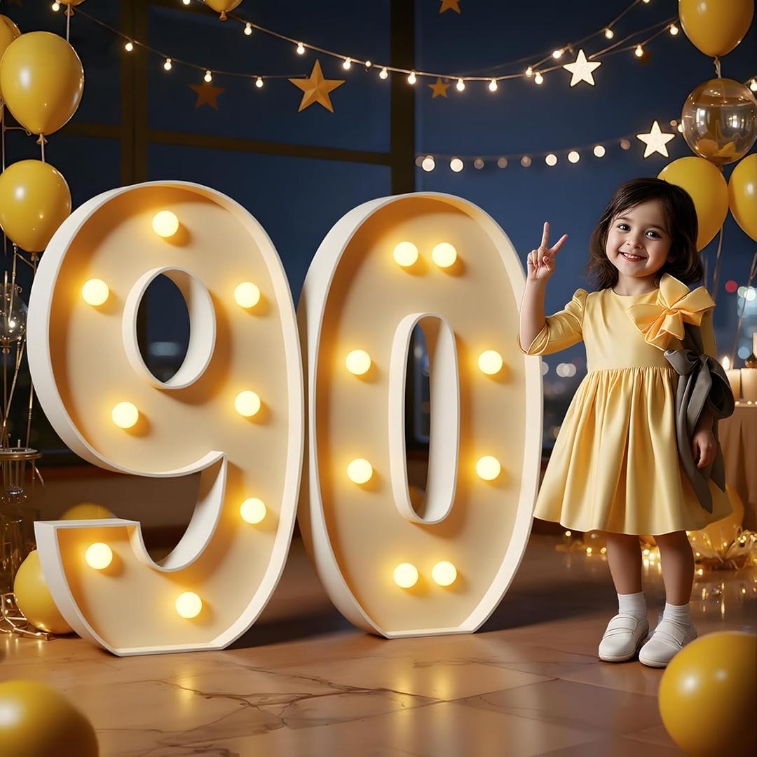 Marquee Numbers 3 Feet Tall Large Light Up Numbers 90th Birthday Decorations Women Men Big Yellow Light Outdoor Anniversary Decorations Balloon Arch Kit Party Backdrop 90