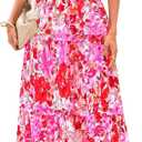 PRETTYGARDEN Women's 2026 Summer Boho Maxi Dresses Floral Short Sleeve V Neck A Line Tiered Flowy Long Beach Vacation Dress, Small