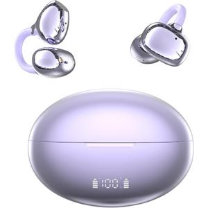 ClipFree Open-Ear Headphones, Upgraded V6.1 Bluetooth Wireless headsets, Comfort & Snug Fit Clip On Earbuds, Smart Power Display, 50H Playtime Headphones for Women Gifts, Sports & Workouts-Purple