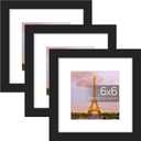 upsimples 6x6 Picture Frame Set of 3, Made of High Definition Glass for 4x4 with Mat or 6x6 Without Mat, Wall and Tabletop Display Photo Frames, Black