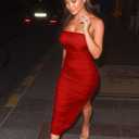 GOKATOSAU Women's Summer Strapless Mesh Bodycon Split Ruched Midi Party Dress Red (Red, L)