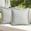 Cygnus Green Floral Outdoor Pillow Covers 18x18 Inch Waterproof Ruffle Decorative Spring Summer Throw Pillow Covers for Couch Patio Furniture Garden Bench Porch Outdoor Decor, Set of 2