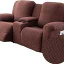 Genina Recliner Loveseat Covers with Console, Stretch Reclining Sofa Covers, 2 Seater Couch Cushion Stripe Jacquard Recliner Slipcovers,Furniture Protector Covers for Pet (Chocolate)