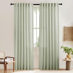 KGORGE Green Linen Curtains 84 Inches for Living Room, Boho Light Filtering Semi Sheer Linen Textured Curtains for Bedroom Farmhouse, Back Tab Rod Pocket, Sage Green, 2 Panels, 52" W x 84" L