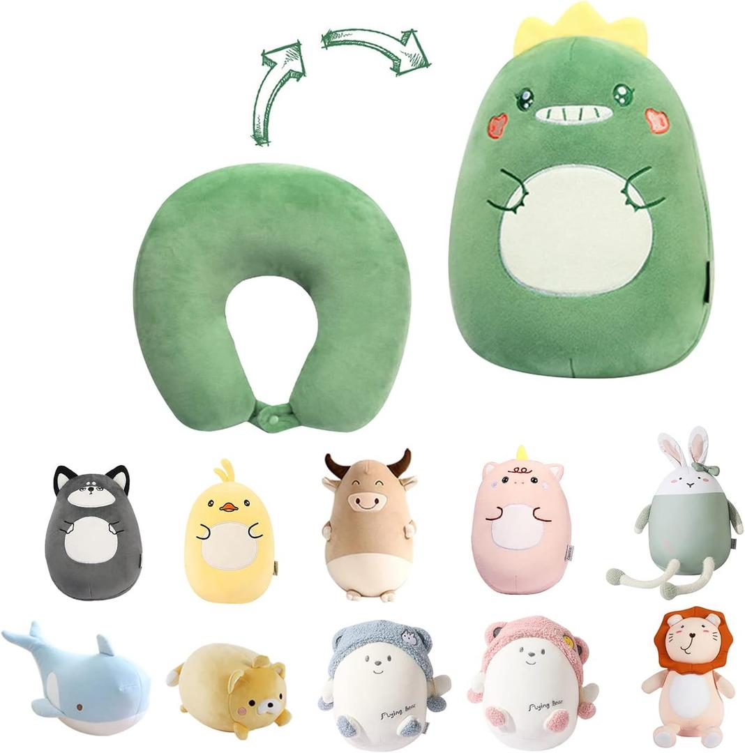 Kids Travel Pillow - 2-in-1 Deformable Kids Neck Pillow for Traveling, Soft U-Shaped Pillow with Adorable Animal Design, Comfy Sleep and Play, Ideal for Airplanes Travel - Dinosaur