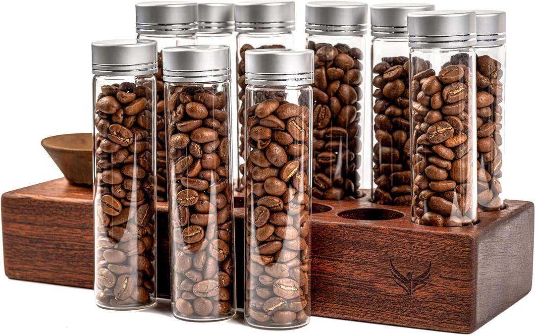 Single Dose Coffee Bean Storage Tubes Coffee Bean Cellar 10 Pcs Dosing Glass Vials With Lids (2 Oz) Wooden Display Stand And Funnel