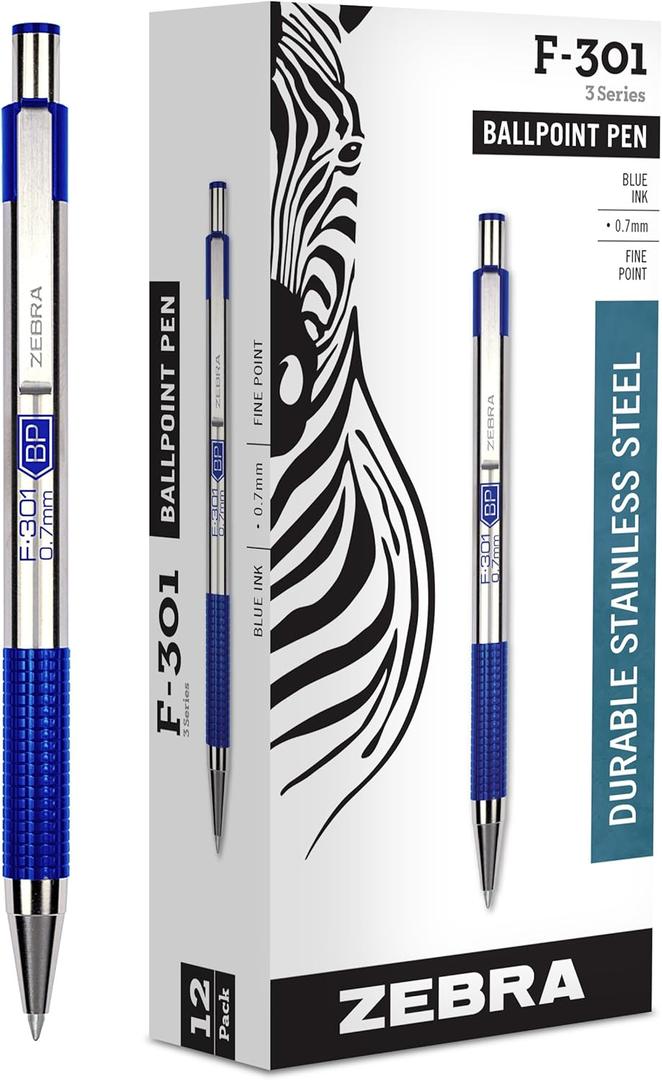 Zebra Pen F-301 Ballpoint Fine Point 0.7mm Stainless Steel Retractable Ballpoint 12-Pack  Easy-Glide Ink, Non-Slip Grip, Metal Clip, Refillable with F-Refill, Professional Design (27120)